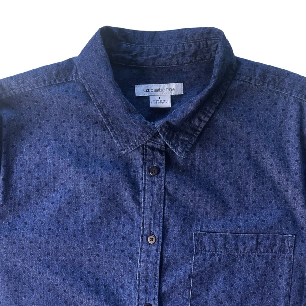 LIZ CLAIBORNE Navy Blue Cotton Blouse Shirt SZ L Casual Comfy Chambray Polka Dot - Picture 10 of 16